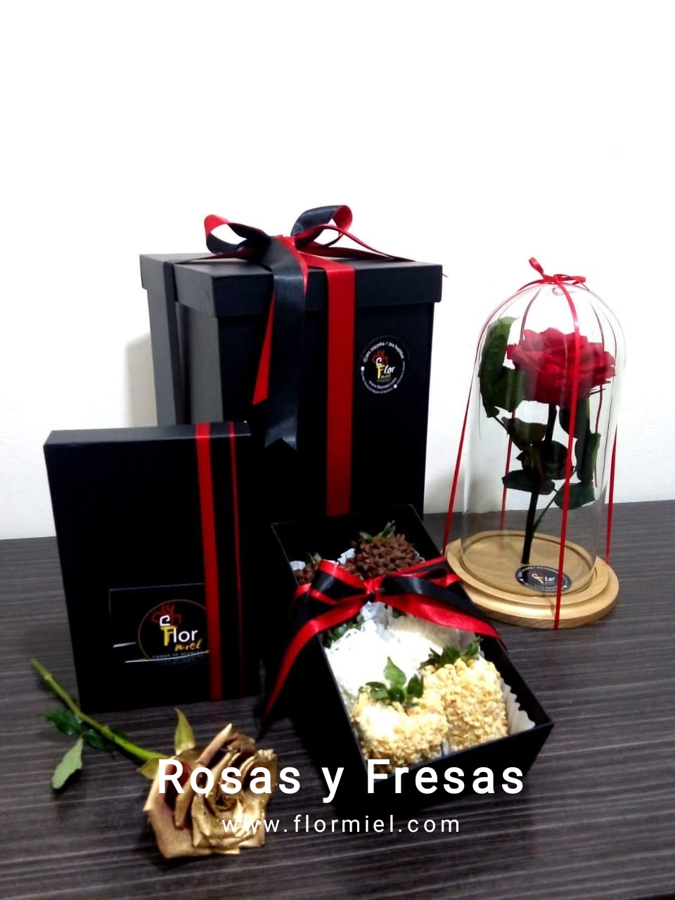 Rosa Eterna En Caja Y Fresas Achocolatadas Premium | FLOR MIEL