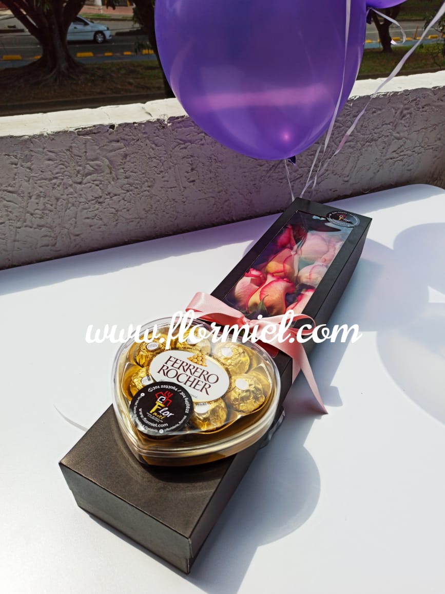 Caja de Rosas Y Chocolates Ferrero Zambia Flor Miel